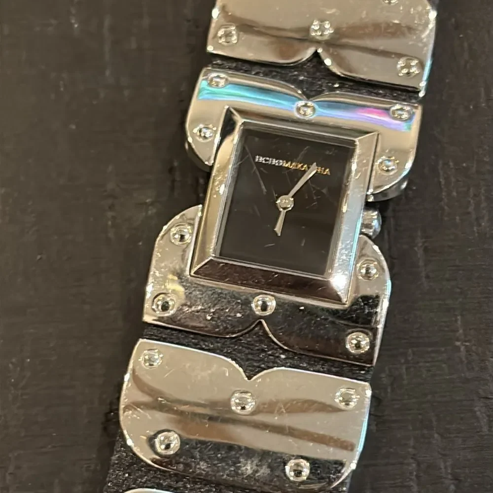 BCBGMaxazria Black Leather Stainless Steel Rocker Watch *needs battery​